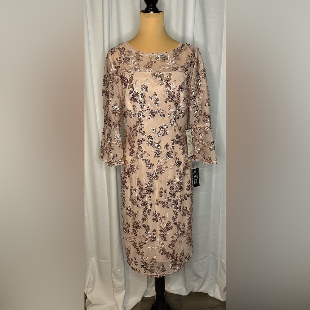 Alex Evenings Cream and Rose Gold Dress with Flutter Sleeves